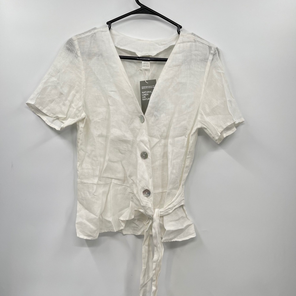 H&M White Linen Short Sleeve V Neck Button Front Tie Waist Blouse‎ XS